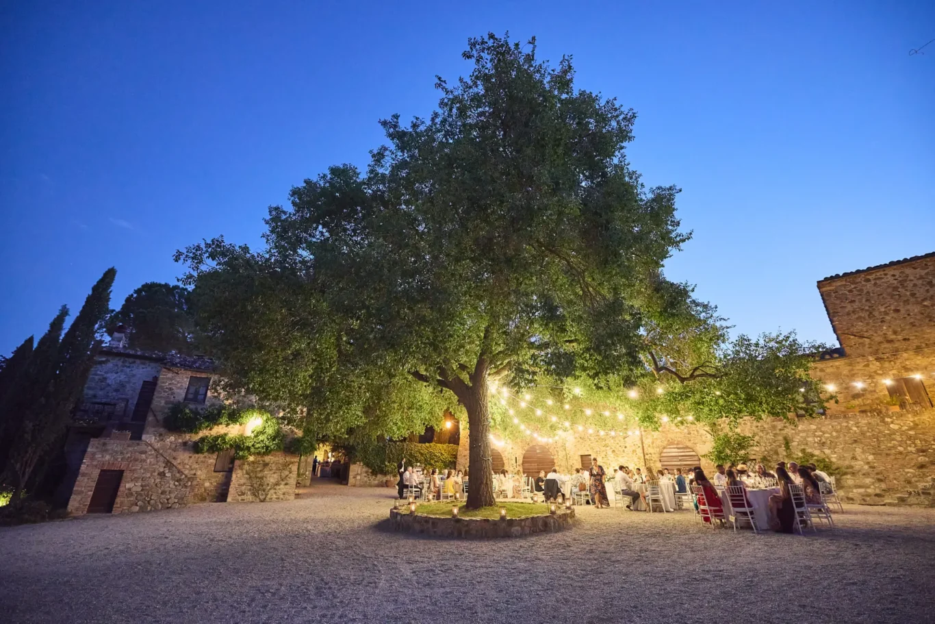 the extraordinaire borgo di castelvecchio courtyard at dusk