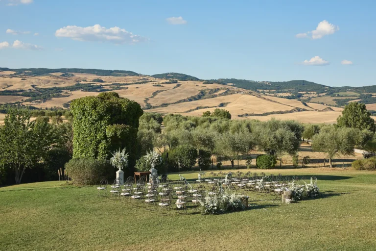 the extraordinaire borgo di castelvecchio main lawn with view of val d orcia