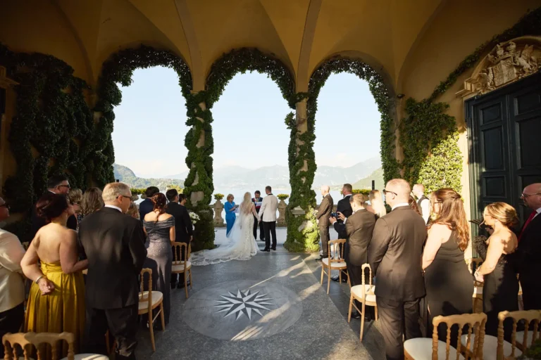 the extraordinaire lake como villa del balbianello bride wedding ceremony loggia arches