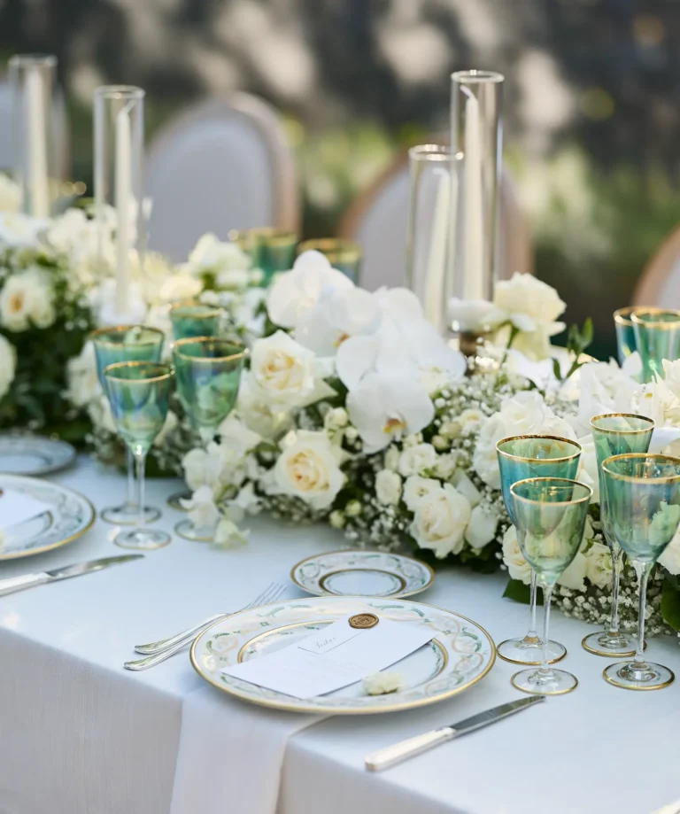 the extraordinaire lake como wedding table scape white orchids roses candles