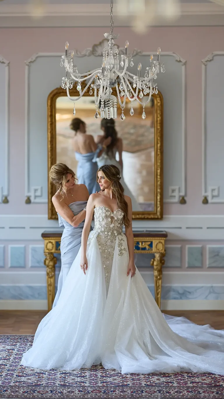 the extraordinaire mother helping bride with dress