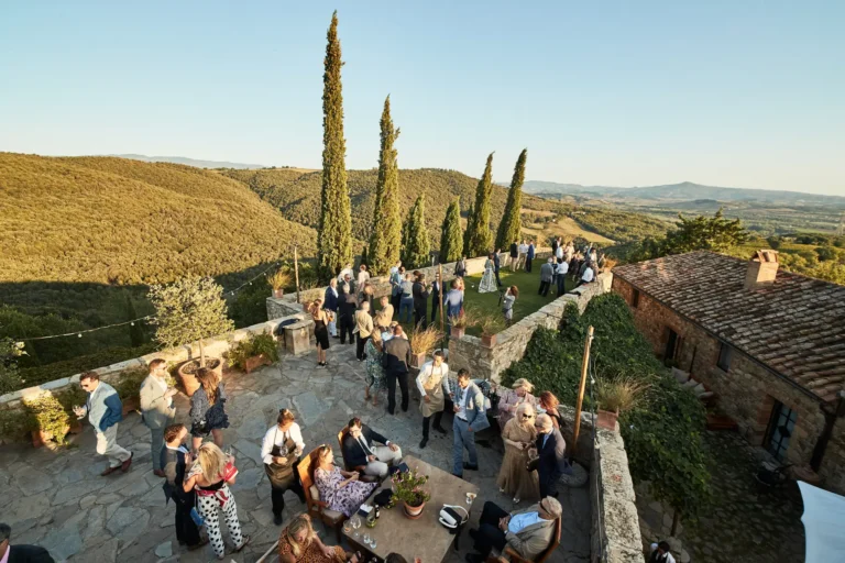 the extraordinaire tuscany castello di vicarello upper terraces during cocktail hour