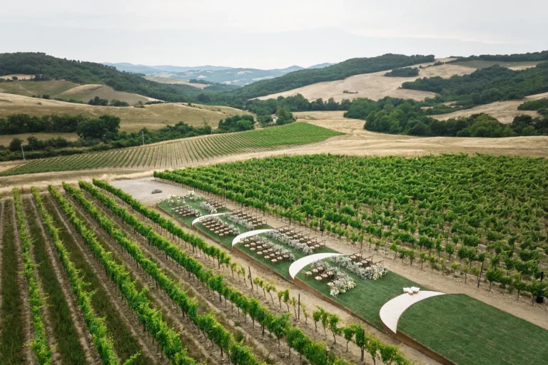 the extraordinaire tuscany podere tesoro aerial view terraced ceremony area in vineyards
