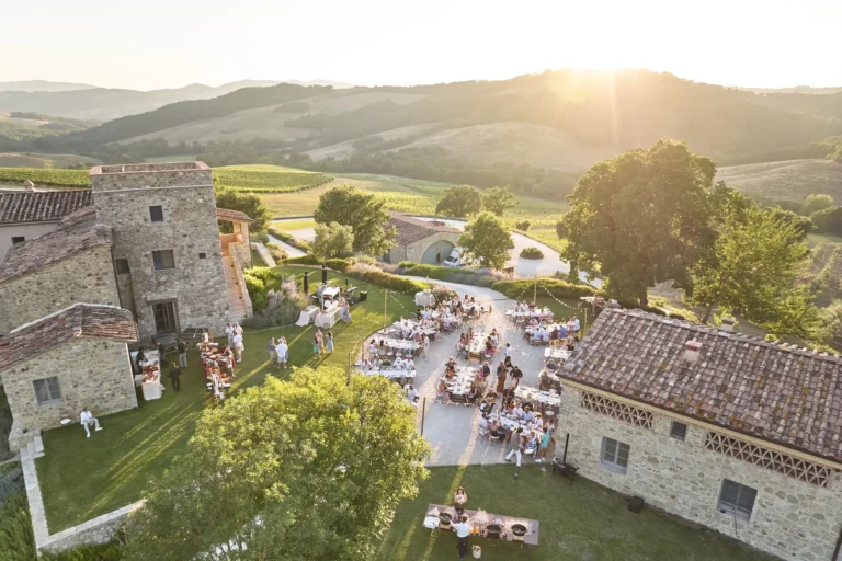 the extraordinaire tuscany podere tesoro aerial view welcome party between the villa and annexe