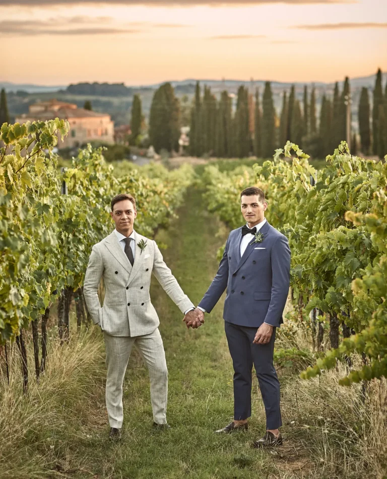 the extraordinaire lgtbq plus wedding planner in italy couple in vineyard at sunset