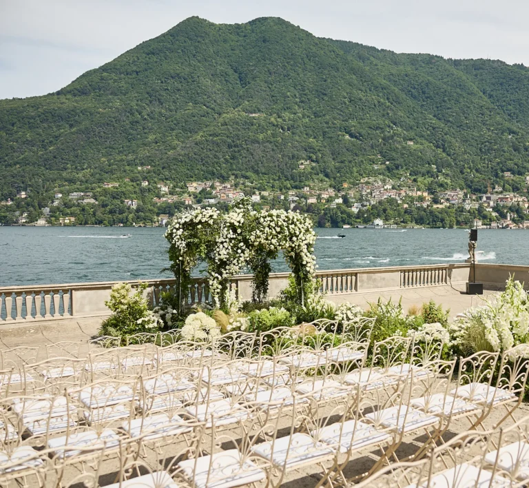 lake como indian wedding ceremony mandap with lake backdrop