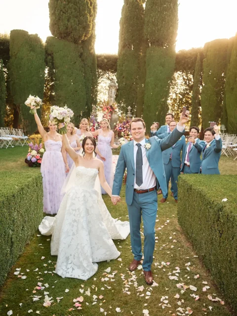 la Foce wedding - a happy couple leads their recessional